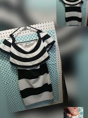 Fashion Nova Black and White Striped Off-Shoulder Mini Dress